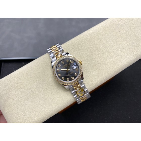 Datejust series, grey dial with diamonds, 31mm, gold and silver two-tone strap.